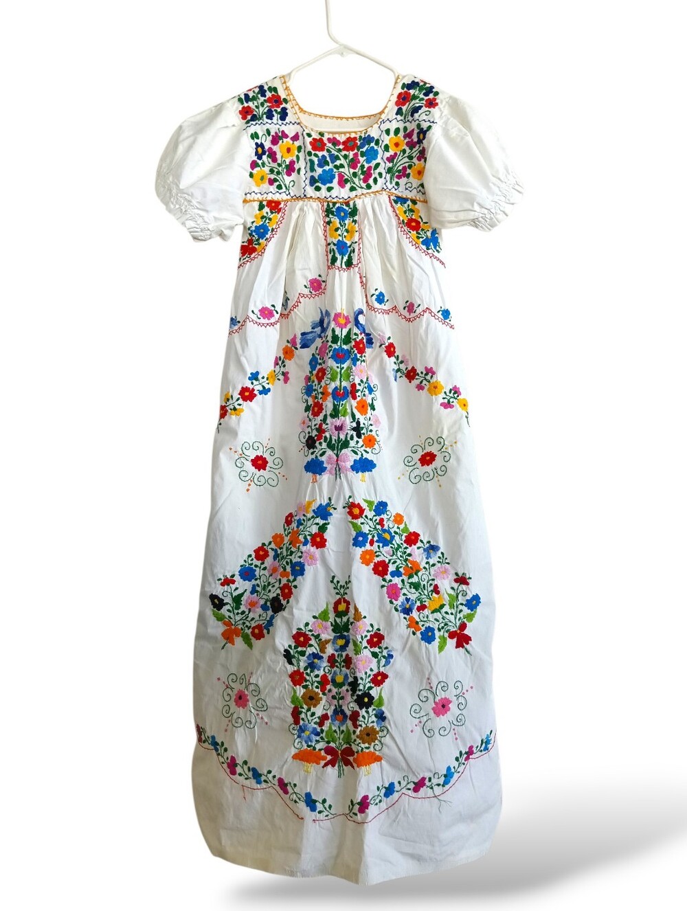 Vintage Hand Embroidered Mexican Dress Traditional Puebla Colorful Maxi Red Blue - Picture 2 of 14